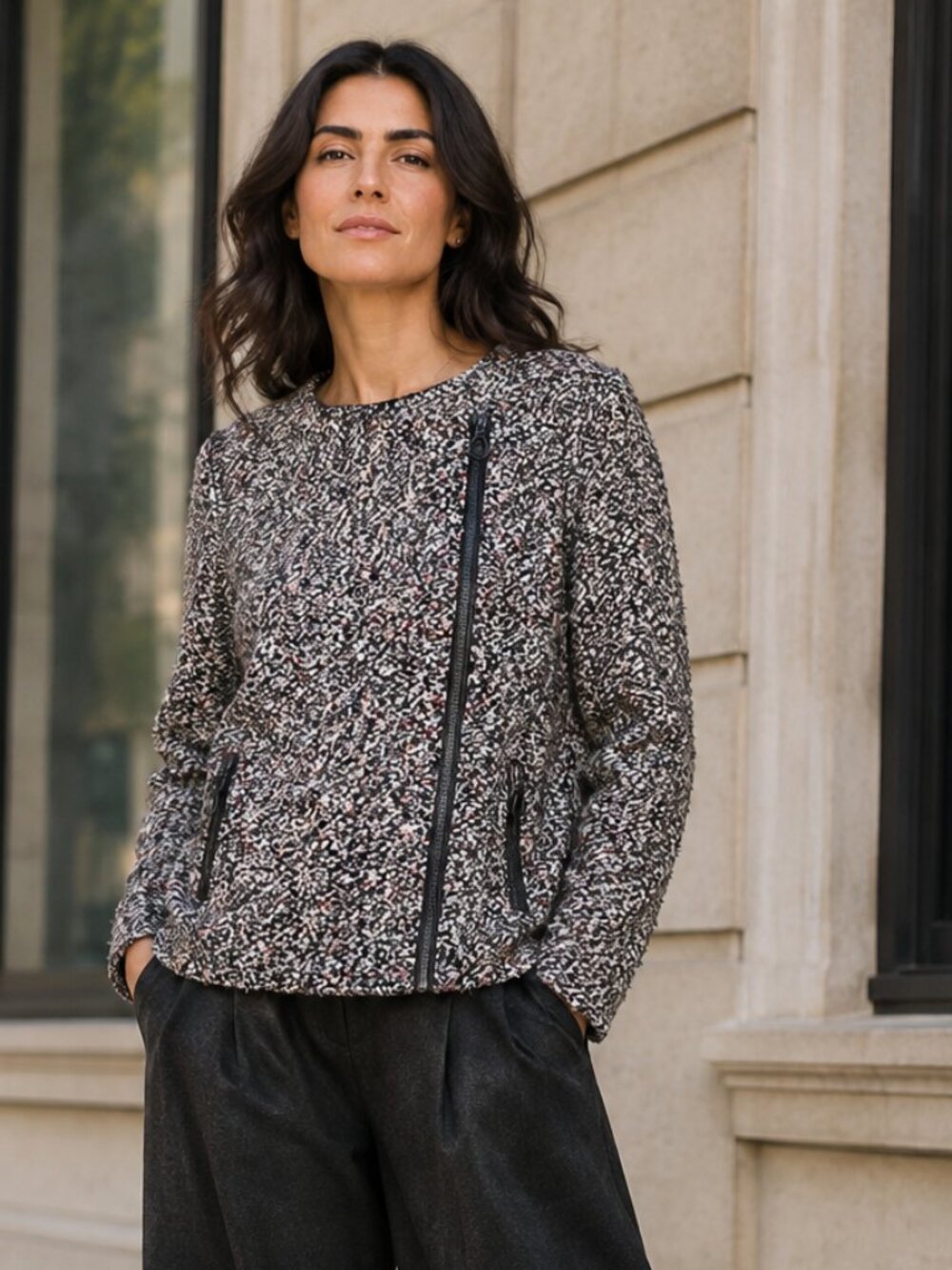 Nic+Zoe Confetti Side Zip Boucle Sweater Jacket in Black Multi, Size M